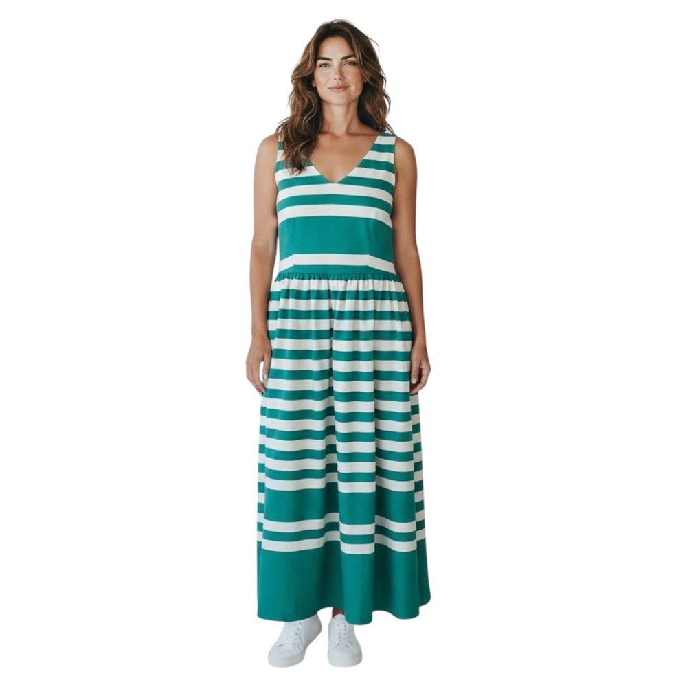 Vintage Accentuette Cotton Striped Blue & White A Line Dress 16 Matching Belt